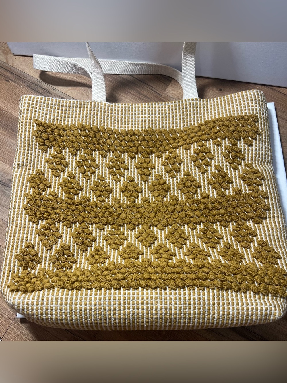 Handwoven Mustard Yellow Tote with Cream Straps